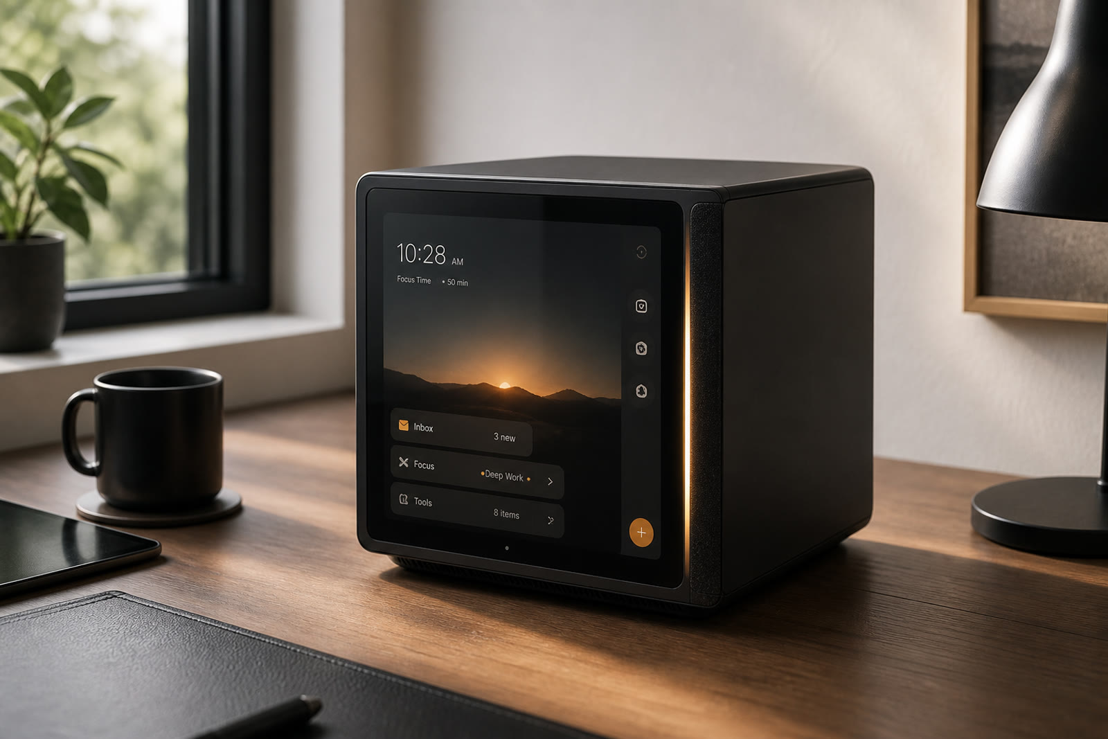 Odin's Desk cube with screen on a wooden desk, showing focus and inbox widgets